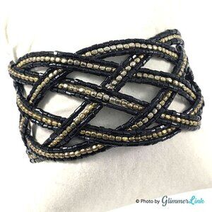 Bohemian Black & Gold Tone Braided Beaded Cuff Bracelet